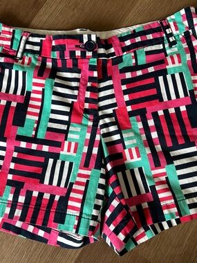 crown & ivy Geometric Print Jean Shorts in Teal, Pink & Black